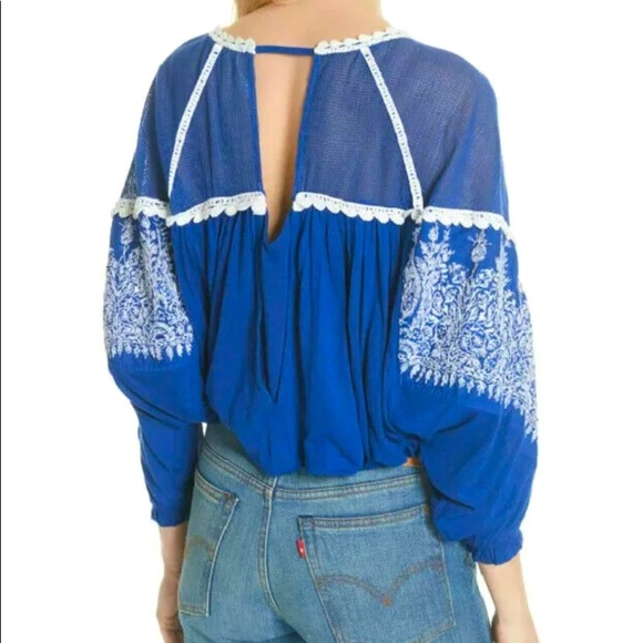 Free People Embroidered Sequin Mesh Balloon Peasant Blouse Top - Picture 8 of 13